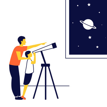 D&iacute;a del padre. Concepto de creatividad y curiosidad. El padre ense&ntilde;a a su hijo los planetas y las estrellas.