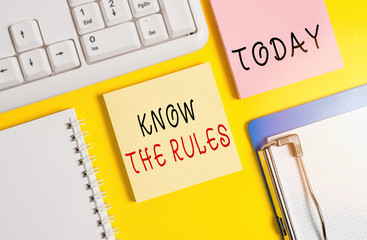 Word writing text Know The Rules. Business photo showcasing set explicit or regulation principles governing conduct Empty papers with copy space on yellow background table