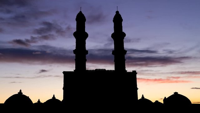 Jami Masjid Time Lapse at Twilight with Colourful Sky and Dark Silhouette of Jama Mosque, Gujarat, India