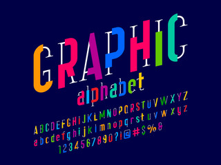 Colorful stylized alphabet design with uppercase, lowercase, numbers and symbols