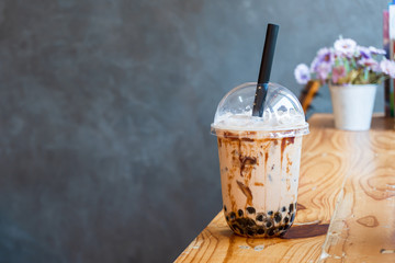 Boba tea,Bubble tea on wooden table.
