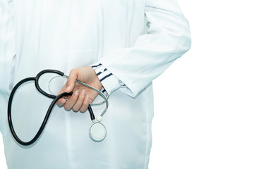 Doctor put his hands with stethoscope behind his back with isolated on white background.