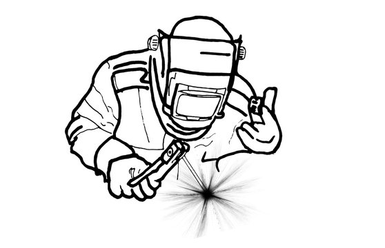 Black and white schematic drawing of a welder at work