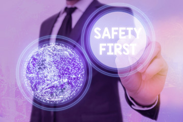 Word writing text Safety First. Business photo showcasing used to say that the most important thing...