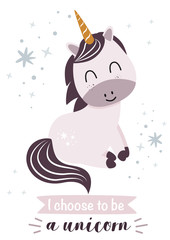 poster with pink unicorn on a white background - vector illustration, eps