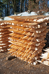 Stapel von frisch zugeschnittenen Holzpfählen, Kt. Nidwalden, Schweiz