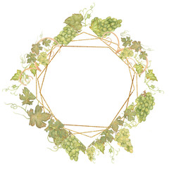 Fototapeta premium Watercolor green grapes and golden frame illustration. Modern summer fruits set. Wedding invitation card.Hand drawn spring floral arrangement. Wedding decor.