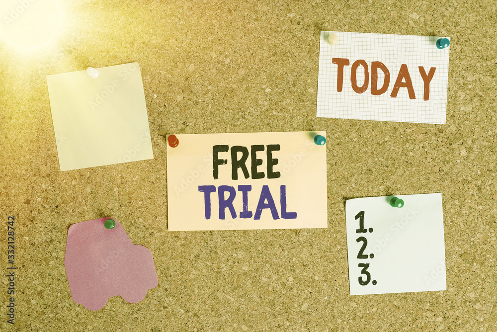 Fototapete conceptual hand writing showing free trial. concept meaning product or service offered for no cost t