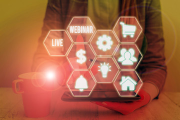 Writing note showing Live Webinar. Business concept for seminar that is transmitted over the Web...