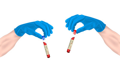 Realistic test tube in hand with a coronavirus test (2019-nCOV) on a isolated background, concept of a positive and negative result on COVID-2019, vector illustration