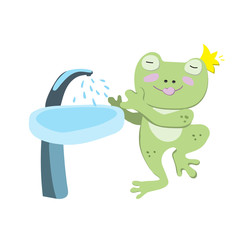 Cute green frog is washing his hands under tap in bathroom. Simple rule of hygiene for children in kindergarten, cafe, restaurant and public place. Flat illustration with character on white background
