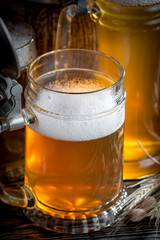 Light frothing beer in a glass, on an old background.