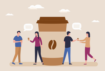 Coffee break concept. Young people, employees, friends drink coffee and talk. Men and women communicate and discuss business matters. Flat vector illustration on a light brown background.