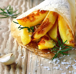 Slices of Baked Potatoes Wedges, Rosemary, Kitchen Board on Wooden Background, Closeup, Kitchen Country Styling