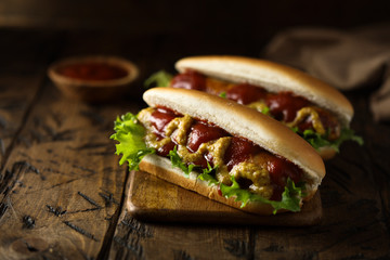 Homemade hot dogs with ketchup and mustard