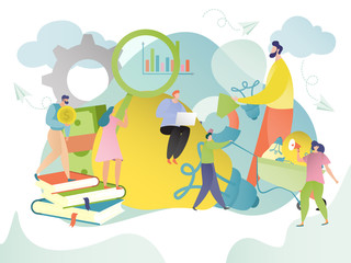 Creative thinking people work together, team idea brainstorming concept, vector illustration. Business startup project, tiny people holding huge light bulb. Teamwork cartoon characters, business idea