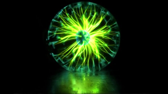 Plasma ball discharge lamp with high voltage lightning. Experiments with an electric Tesla coil and an inert gas discharge tube. Numerous outbreaks and lightning strikes. Abstract background. Looped