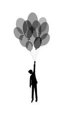boy silhouette holds the baloons on the white background, dreamer concept, black and white people silhouette, shadow story