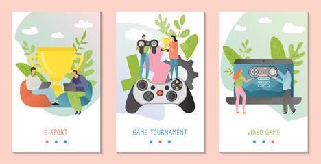 E-sport gaming team win award, set of concept banners with people cartoon characters, vector illustration. Computer video game competition, online cyber tournament player man and woman, contest winner