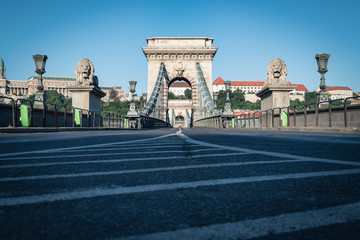 The stately Budapest Chain Bridge in a wonderful morning light, Hungary 2019. The bridge opened in...