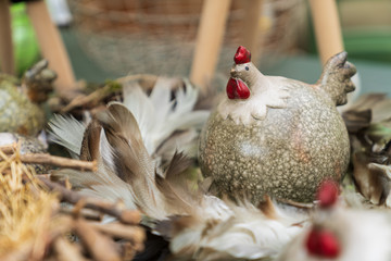 Porcelain and ceramic Easter decorations in a garden center.