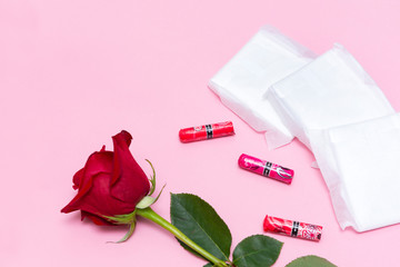 sanitary pads in white packaging, 3 tampons, 1 red rose flower on a pink background