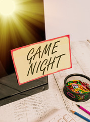 Writing note showing Game Night. Business concept for usually its called on adult play dates like...