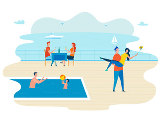 Luxury Cruise Traveling Flat Vector Illustration. Holidaymakers Relaxing on Ship Deck Cartoon Characters. Couple in Love Taking Selfie, Posing for Photo. Boyfriend and Girlfriend Having Romantic Date