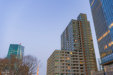 東京都港区六本木の東京ミッドタウンから見た東京のビル群の夕焼け