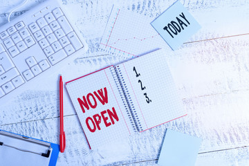 Handwriting text writing Now Open. Conceptual photo leave door or windows not closed or barred at this current time Wood desk office appliance computer equipaments chart numbers paper slot