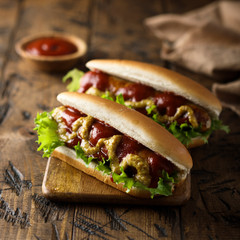 Homemade hot dogs with ketchup and mustard