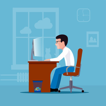 Man working remotely at home at the computer vector illustration
