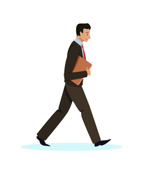 Informative Banner Guy in Suit Goes with Folder. Horizontal Flyer Guy in Suit is Concerned, Looks at Floor and Walks with Folder in his Hands. Vector Illustration on White Background.