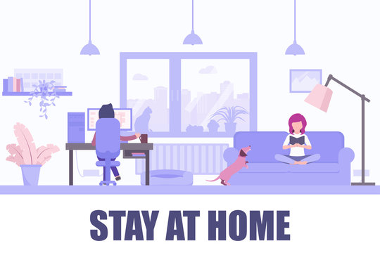Stay at home flat vector illustration. Young girl reading book on the couch, young man working on computer. Coronavirus outbreak social media campaign, self isolation.