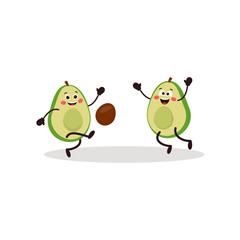 Cute kawaii avocado characters play ball. A kawaii avocado cut in half. Sport concept. Healthy lifestyle illustration. Vector Cartoon can use for postcard, T-shirt, kids decor