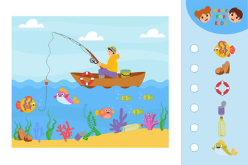 Educational game for kids. Find the matching items in the picture. Fishing. Printable worksheet for children. Puzzle. Vector illustration