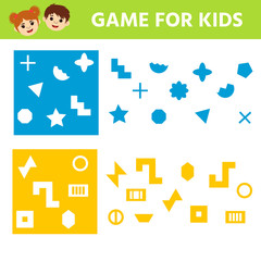 Education logic game for preschool kids. Kids activity sheet. Find figure matching. Iq test. Children funny riddle entertainment. Vector illustration