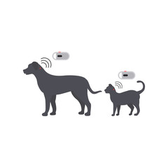 Pet services - microchipping. Icon dogs and cats with microchip pill inside the body and information about owner tagged with a microchip implant.