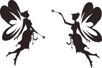 Sketch, two fairies with wings and magic wands. Suitable for symbol, print, book, emblem, coloring