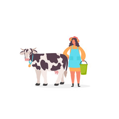Young Milkmaid Woman Farmer  in Uniform near Cow. Milk and Dairy Agriculture Products concept.  Vector Illustration