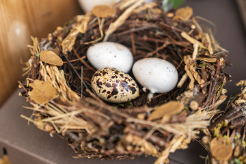 Porcelain and ceramic Easter decorations in a garden center.