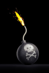 Deadly Moment. Pictogram of a skull pictured at a black spherical bomb with a burning flexible fuse, which is fixed to its 'neck'. 3D rendering graphics on black background.