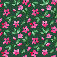 Watercolor seamless pattern with hand painted watercolor pink flowers, green color. Stock illustration. Fabric wallpaper print texture.