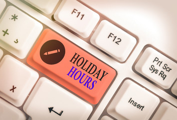 Conceptual hand writing showing Holiday Hours. Concept meaning Overtime work on for employees under...