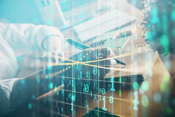 Multi exposure of woman's hands on background with technology and digital coding icons. Data development concept.