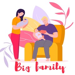 Big Family Banner. Young Parents Feeding Little Children. Father Sitting in Armchair with Toddler Giving him Food from Bottle. Mother Hugging Newborn Baby. Parenthood Cartoon Flat Vector Illustration