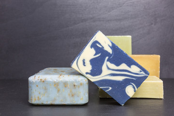 bars of soap in blue and brown soap with lavender and olive oil
