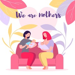 Young Women Sitting on Sofa Feeding Baby with Milk in Child Bottle and with Breast, Mother's Day. Suckling Infants, Motherhood, Innocence, Maternity Motherhood Cartoon Flat Vector Illustration, Banner