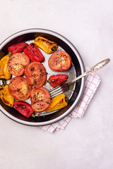 Plate of Grilled Vegetables on Light Background Baked Tomatoes and Peppers Tasty Healthy Diet Dinner or Lunch Top View
