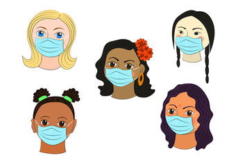 Coronavirus in China. Women of different nationalities in medical masks.